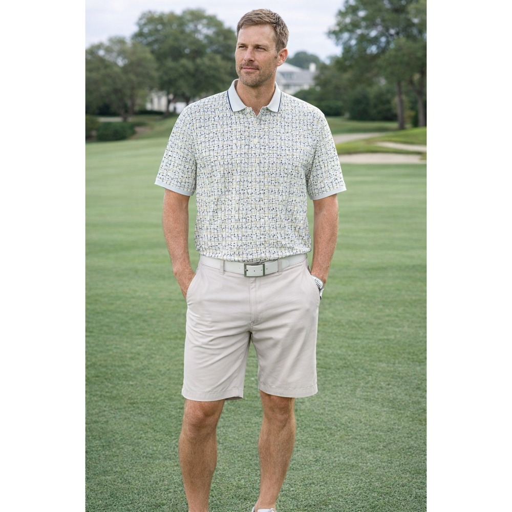 Steve‎ Stricker Fairway Sport Polo Shirt Mens Large Cream Golf Flag Print Cotton
